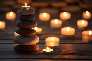 Serene Stone Cairn Topped with a Candle, Surrounded by Soft Candlelight