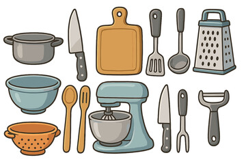 Kitchen tools and utensils vector icon set. Cooking equipment collection for food preparation. Includes mixer, knife, cutting board, pot, bowl, grater and peeler. Cartoon style.