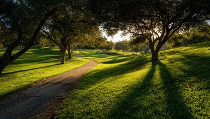 Fototapeta premium Sun-drenched park path with lush green grass and trees