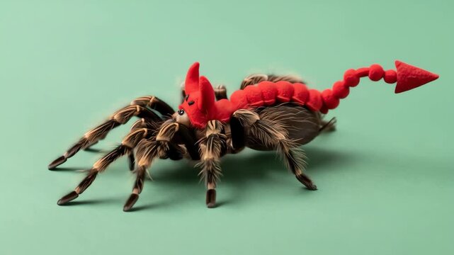 A tarantula with a red devil costume including horns and a segmented tail