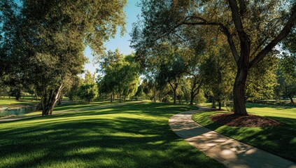 Sunny park path winding through trees