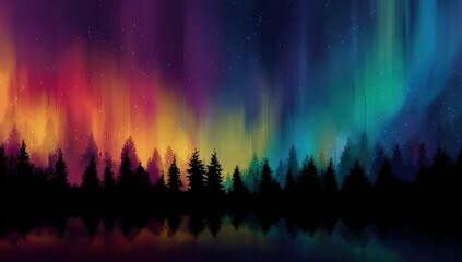 Colorful Aurora Borealis over a dark forest reflected in water