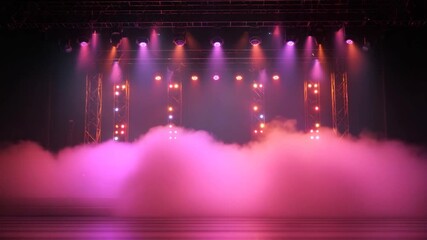Colorful stage lights illuminate fog, creating a captivating atmosphere for a live performance, enhancing visual engagement and excitement