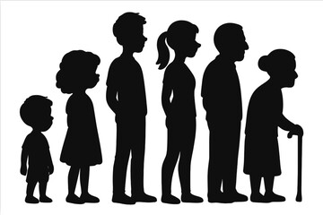 Human life cycle silhouettes showing the aging process from child to adult and senior citizen. People generations, man and woman growth and development stages from youth to old age.