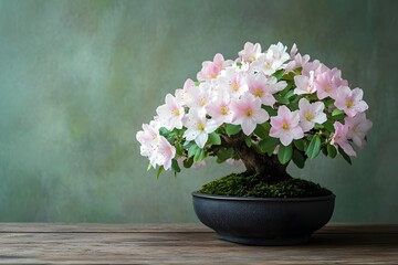 Exquisite Pink Azalea Bonsai Tree in Bloom, Delicate Petals on Textured Green Background.