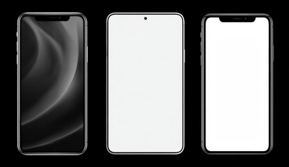 Three smartphones with black, gray, and white displays