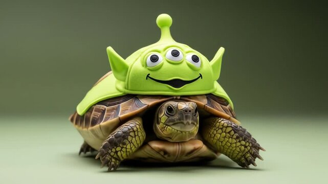A tortoise wears a green alien hat with three eyes