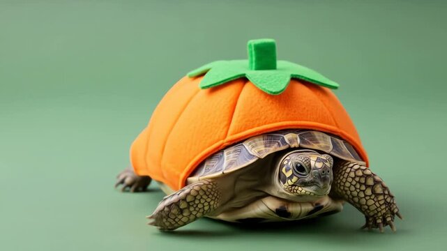 A tortoise wearing a pumpkin costume on a green background