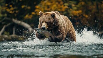 Fototapeta premium Grizzly Bear Catching Salmon in Alaskan River
