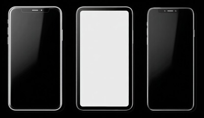 Three modern smartphones, side-by-side, display mockups
