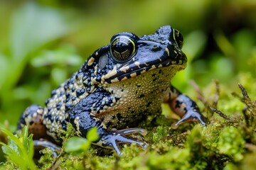 Majestic Speckled Frog with Glossy Skin Poised on a Lush Bed of Verdant Moss.