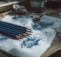 Blue pencils on drawing paper with sketches of fish