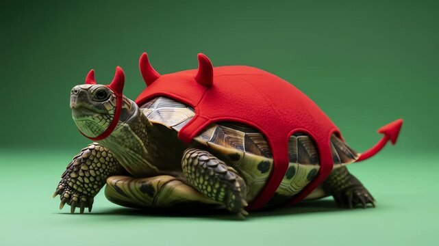 A turtle wearing a red devil costume with horns and a tail