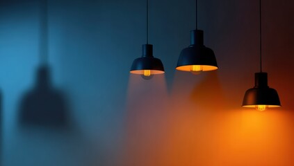Three pendant lamps casting shadows on a gradient wall