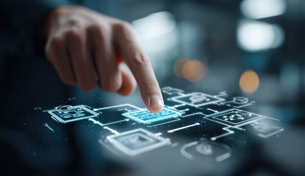 A hand touches a digital interface with glowing graphic elements