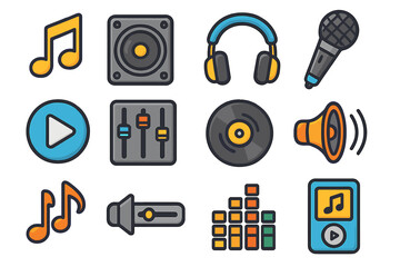 Music and audio icon set. Vector collection of modern symbols for sound, player, headphones, microphone, speaker, note, play button, record, and DJ mixing equipment. Cartoon style.