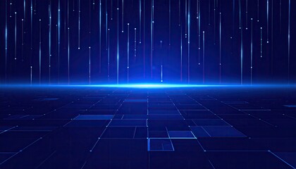Abstract blue digital background with falling data lines and a glowing perspective grid, representing technology, internet, and information flow.