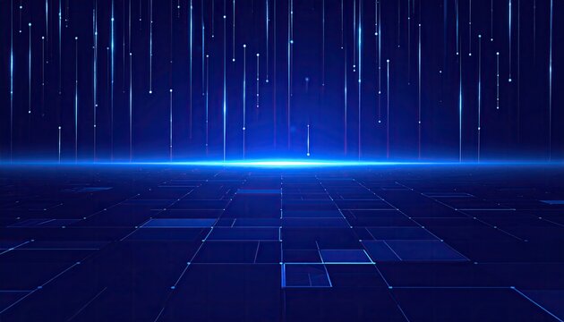 Abstract blue digital background with falling data lines and a glowing perspective grid, representing technology, internet, and information flow. - Powered by Adobe