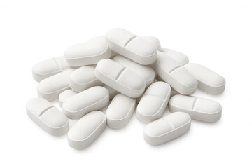 White oblong pills with a dividing line forming a pile on a transparent background, ideal for pharmaceutical or medical concepts