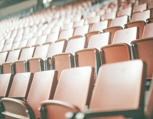 Fototapeta premium Empty reddish-brown seating rows in a large arena or theater, conveying anticipation or post-event quiet. Ideal for sports, concerts, and venue themes.