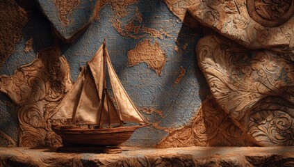 Antique sailboat on a shelf, world map backdrop