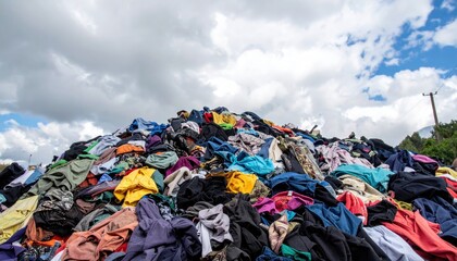 Massive pile of colorful discarded clothes under a cloudy sky, illustrating textile waste, fast fashion's environmental impact, and global overconsumption.