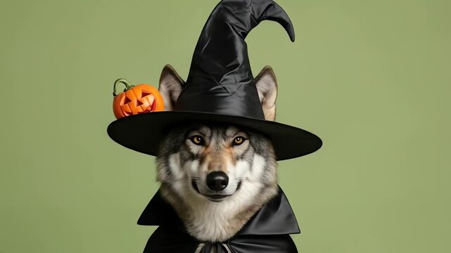 A wolf wearing a witch hat and cape with a pumpkin