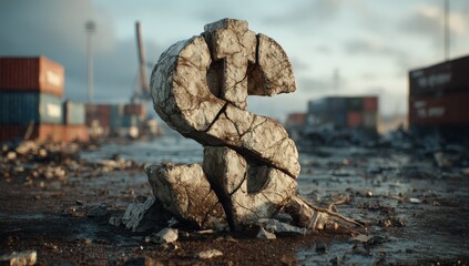 Damaged dollar sign in a harbor wasteland