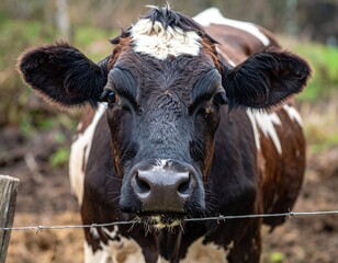 Close-up of a curious black and white cow with brown patches, looking directly at the camera from behind a barbed wire fence on a farm.
