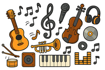 Naklejka premium Music icon and symbol set. Collection of cartoon vector illustrations. Doodle musical instruments guitar, violin, trumpet, piano. Audio elements microphone, headphones, notes.