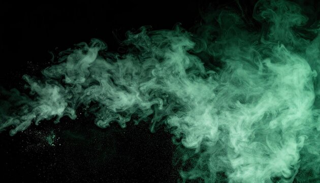 Dynamic emerald green smoke and shimmering particles on a black background, creating an ethereal and mysterious abstract texture.