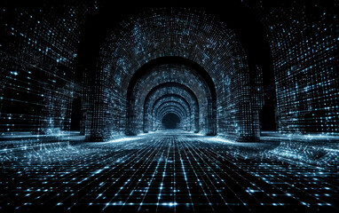 Futuristic Digital Tunnel with Glowing Binary Code Patterns