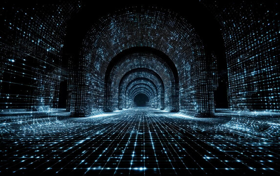 Futuristic Digital Tunnel with Glowing Binary Code Patterns - Powered by Adobe
