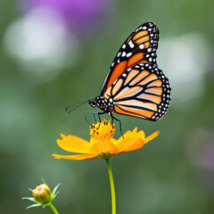 Fototapeta premium Striking Monarch Butterfly Sipping Nectar from a Vibrant Orange Flower in a Lush Green Setting, Capturing the Essence of Pollination and Natural Beauty
