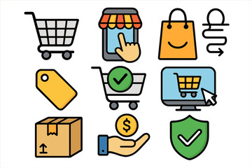Online shopping & e-commerce vector icon set. Web store & mobile app UI elements. Includes cart, checkout, secure payment, delivery, sale tag & buy symbols. Cartoon style.