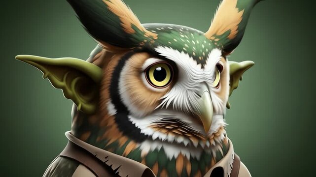 An owllike creature with goblin ears wears a shirt and vest