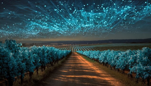 A vineyard path under a digital sky