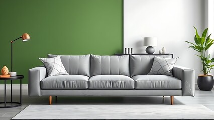 Modern living space featuring a minimalist grey sofa with marble accents against a green wall, softly lit with a clean composition.