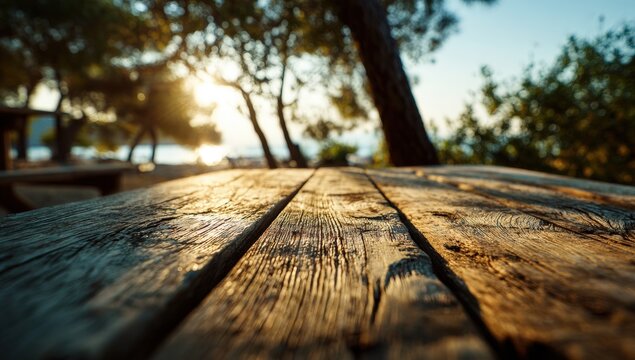 Outdoor wooden picnic table at sunset - Powered by Adobe