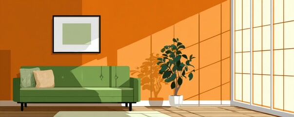 Sunny living room with green sofa and orange walls