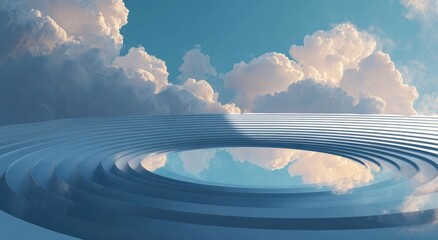 A serene, circular platform reflecting a sky of clouds