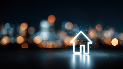 Illuminated house icon over a city skyline at night