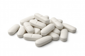 White oblong pharmaceutical pills stacked in pile, displaying central dividing line against clear background, representing medical and healthcare imagery