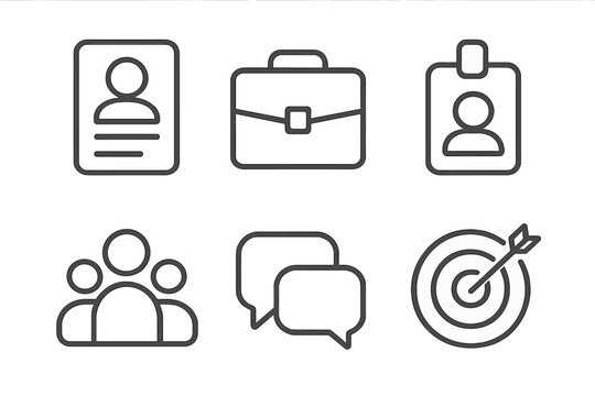 Business line icon set vector. Minimalist outline icons for career and HR. Includes resume, briefcase, ID badge, team, communication chat, and target goal symbol.