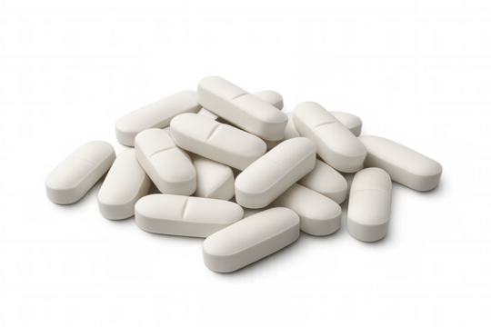 White oblong pharmaceutical pills stacked in pile, displaying central dividing line against clear background, representing medical and healthcare imagery