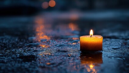 A candle in a puddle at night