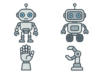 Set of robot icons and robotic hands. Vector cartoon illustration of androids, bots, and mechanical arms. Concepts of technology, automation, and artificial intelligence.