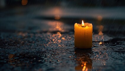 A single candle illuminates a wet pavement during a rain shower