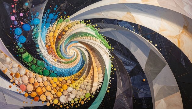 Abstract spiral design with geometric shapes and color gradients