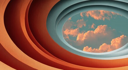 Abstract architectural design with layered circles and a sky view